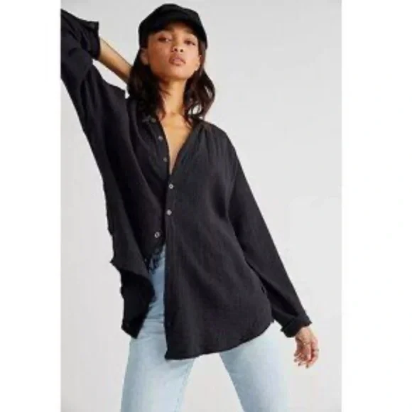 Free People Black Fitted Buttoned Blouse M - Picture 3 of 12